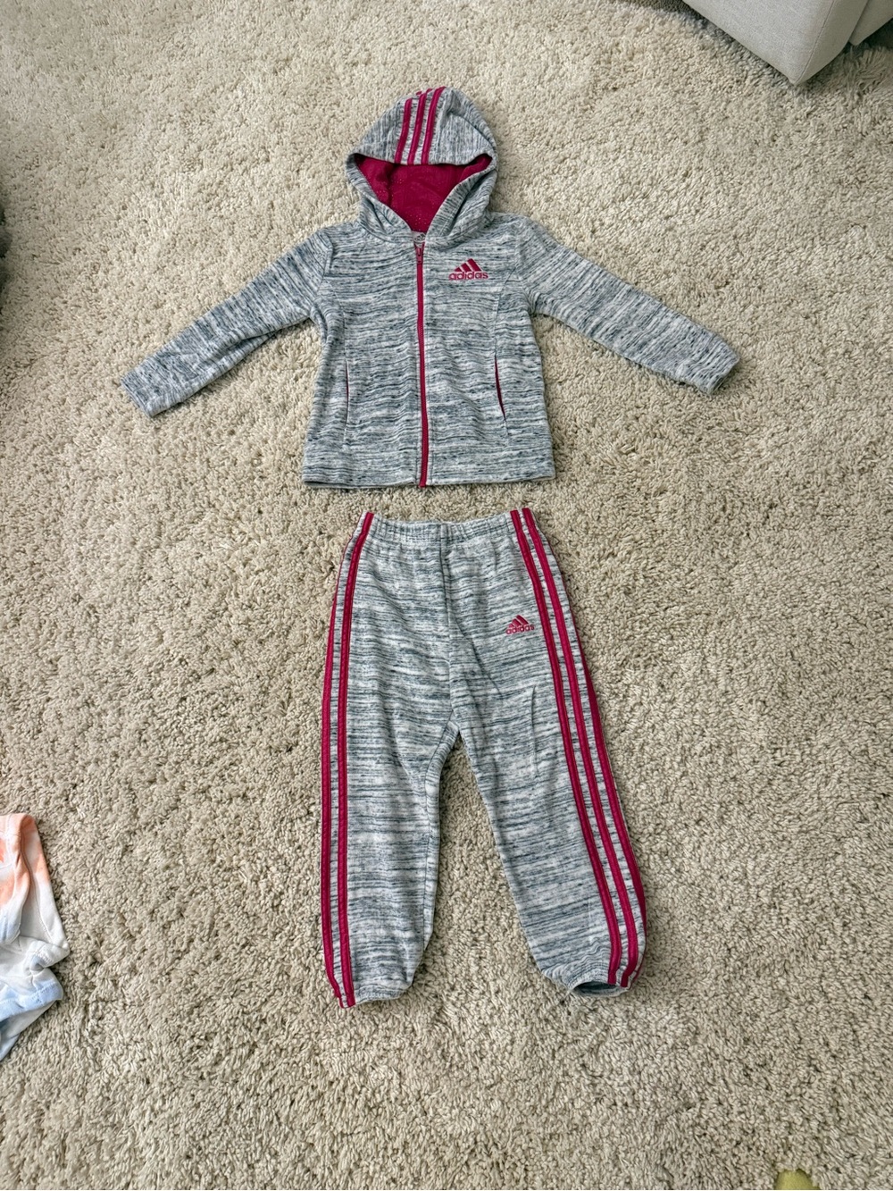 Adidas Kids Heather Gray Hoodie & Joggers Set with Pink Stripes 5